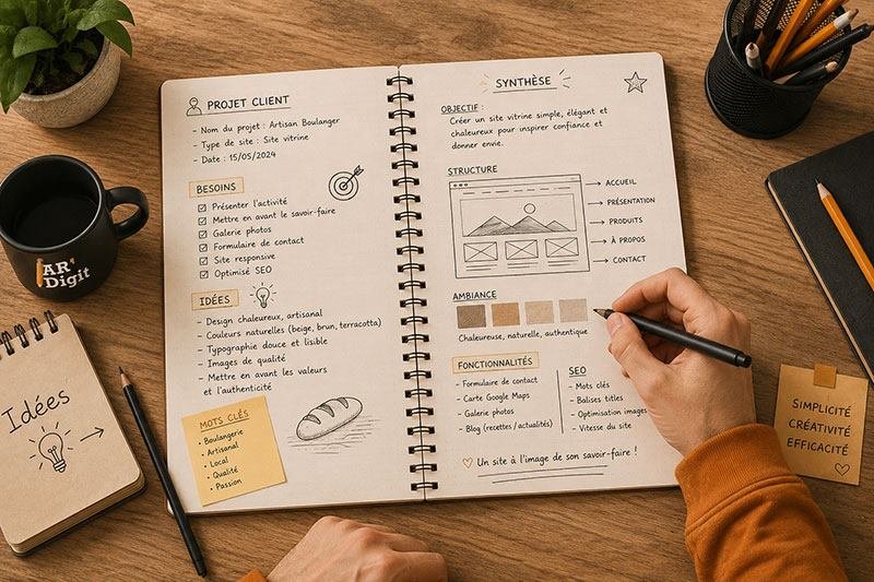 Pascal à son bureau, il conçoit une maquette wireframe à présenter bientôt au client.