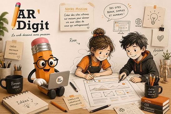 L'avatar crayon AR'Digit au bureau avec Rose et Arsène, en train de dessiner un site